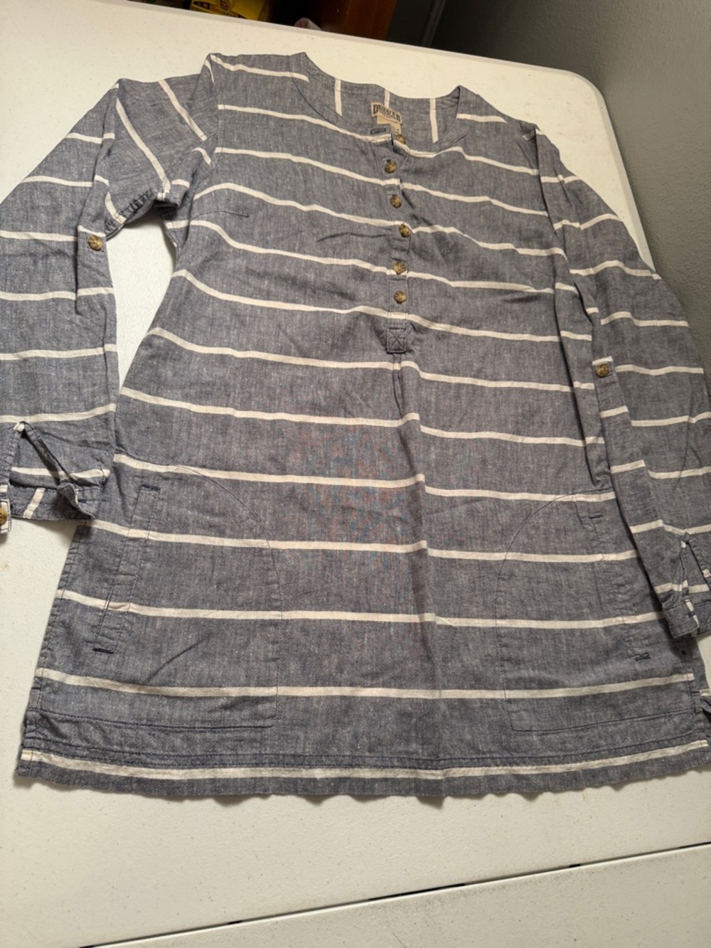 Duluth Trading Co Blue and White Striped Tunic